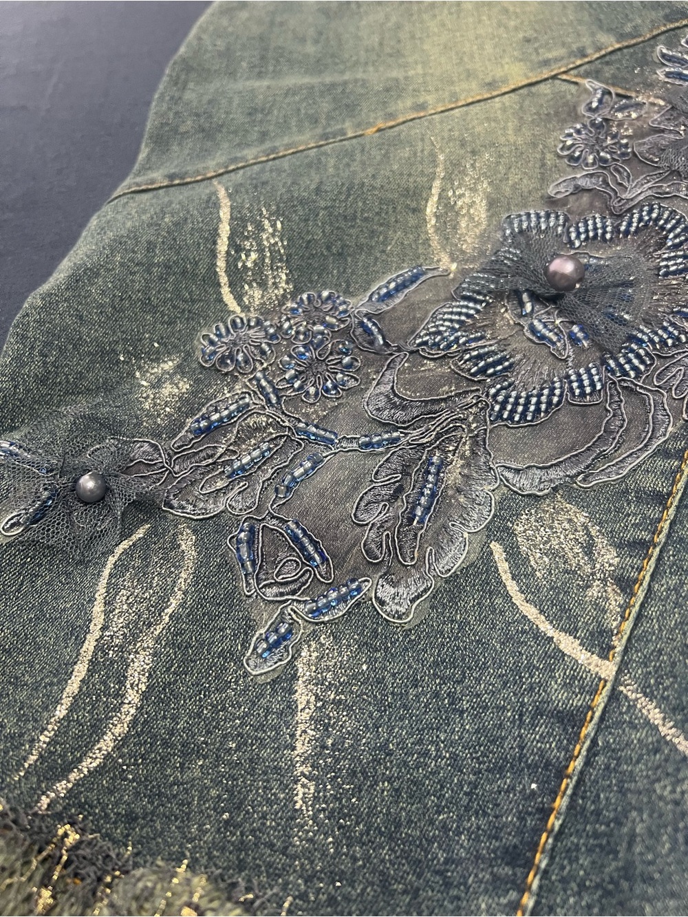 Y2K Beaded Denim Midi Skirt w/Lace Ruffle & Floral Embroidery Boho Whimsy - Picture 9 of 14
